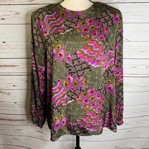 Vintage Patchwork Peacock Silky Blouse Plus Sz 16